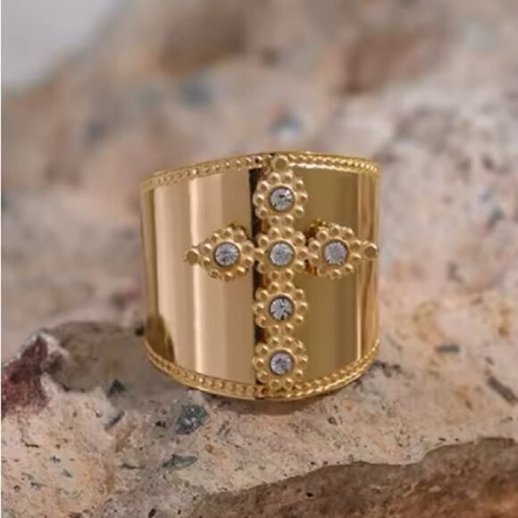 Gold Cross Ring Stainless Steel Adjustable Punk Tribal Boho - Picture 2 of 8